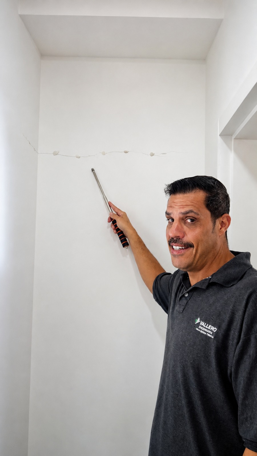 Engenheiro Vallero realizando vistoria de imóvel novo com uso de haste telescópica e análise de fissura ativa ou passiva com ensaio de gesso.