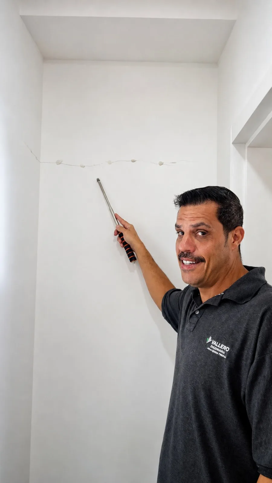 Engenheiro Vallero realizando vistoria de imóvel novo com análise de fissura Engenheiro Vallero realizando vistoria de imóvel novo com uso de haste telescópica e análise de fissura ativa ou passiva com ensaio de gesso.