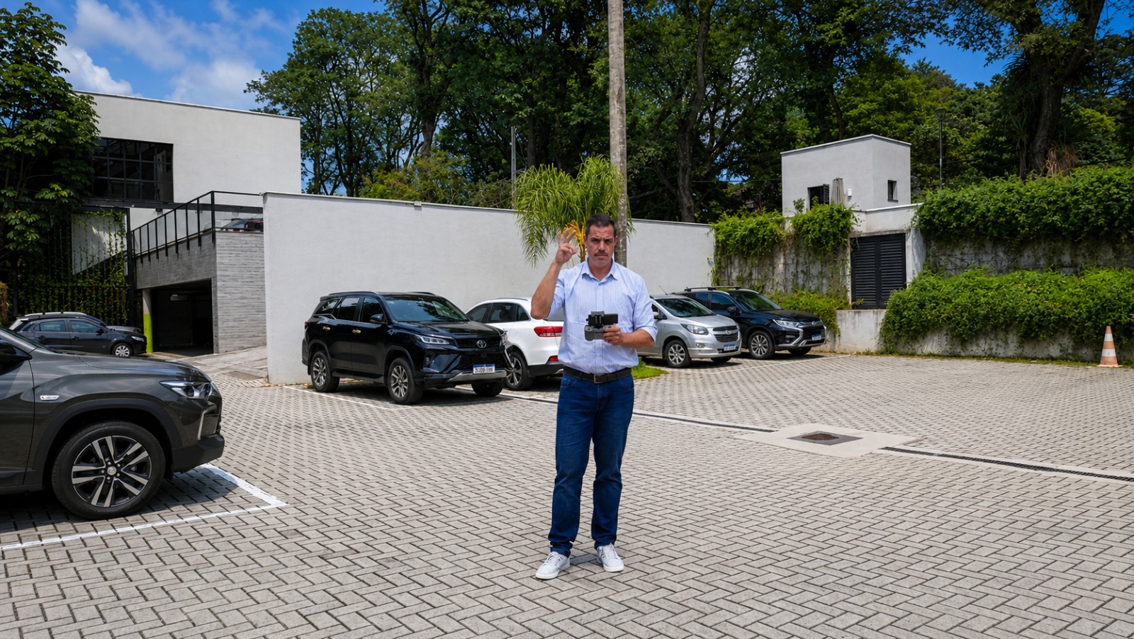 Engenheiro Vallero pilotando drone durante vistoria técnica para elaboração de laudo de avaliação de imóvel.