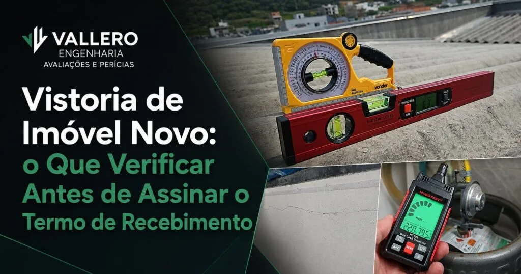 Vistoria de imóvel novo com análise de fissura sob janela, uso de detector de gás próximo a botijão e medição de inclinação em telhado.
