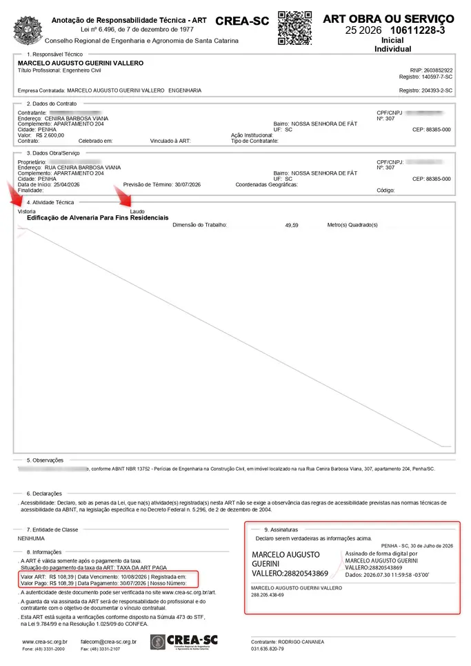 Modelo de ART do CREA SC com identificação dos serviços contratados, como vistoria e laudo, indicação de quitação e assinatura do engenheiro responsável.