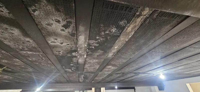 Eflorescências e sinais de deterioração na face inferior de laje de concreto após infiltração