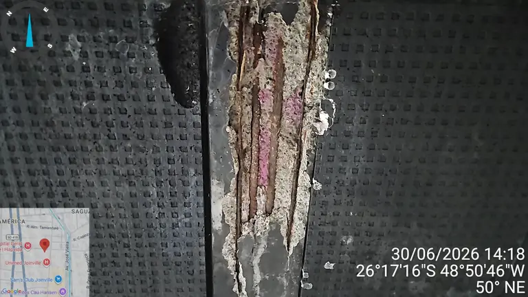 Ensaio de fenolftaleína realizado para avaliar a profundidade da carbonatação do concreto
