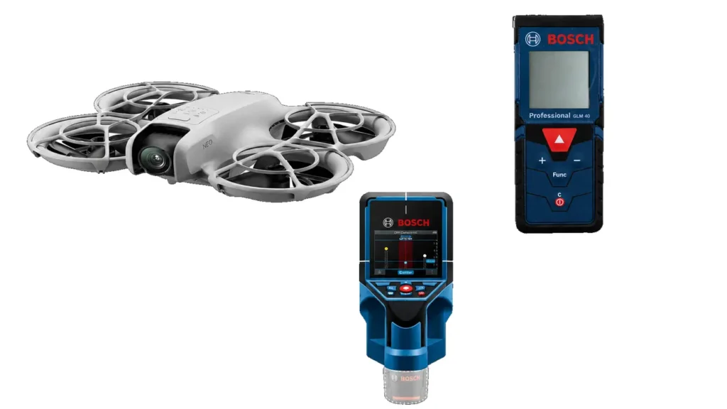 Drone, trena a laser Bosch GLM 20 e detector de parede Bosch D-tect 200 utilizados em vistoria técnica de apartamento novo