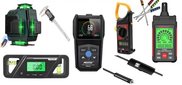 Equipamentos de engenharia diagnóstica utilizados na vistoria técnica de apartamento novo, incluindo nível a laser, medidor de umidade e detector de vazamento de gás.