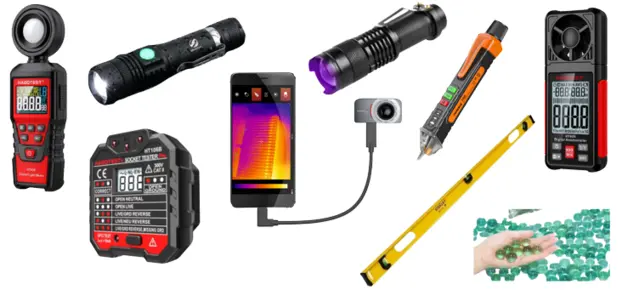 Câmera termográfica e instrumentos para verificação elétrica, iluminação, ventilação e nivelamento utilizados em vistoria técnica de apartamento novo.