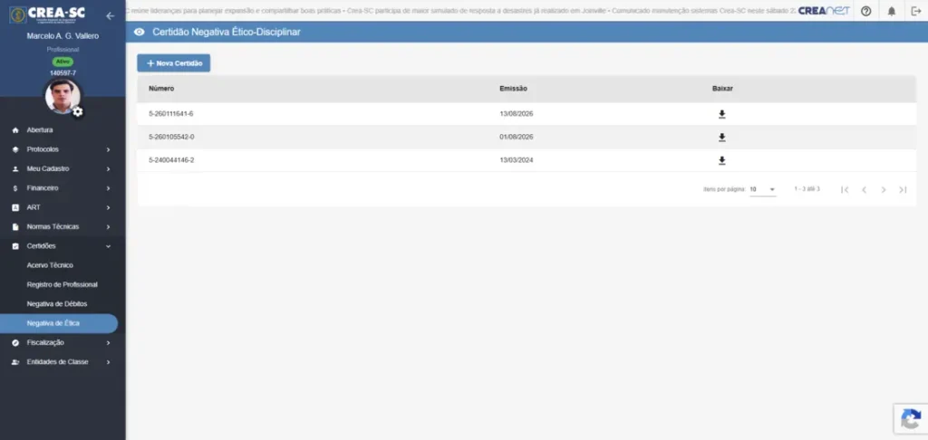 Portal do CREA SC com emissão de certidões e consulta de certidão negativa de processos éticos ou disciplinares