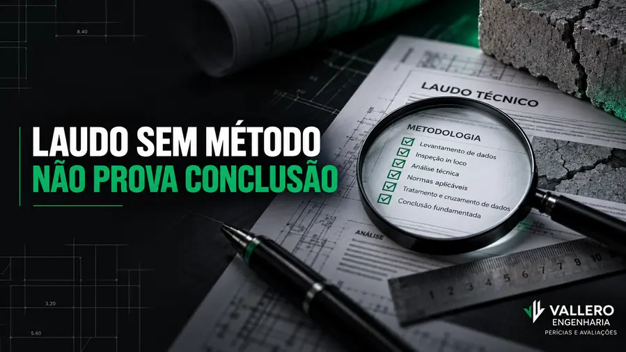 Laudo pericial sem método não prova conclusão, com documento técnico, lupa sobre checklist de metodologia e identidade visual da Vallero Engenharia.